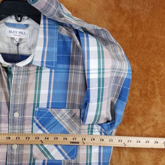 ALEX MILL Shirt Mens Medium Blue Plaid Button Up Double Pocket CHORE SHIRT $185 - Picture 7 of 9